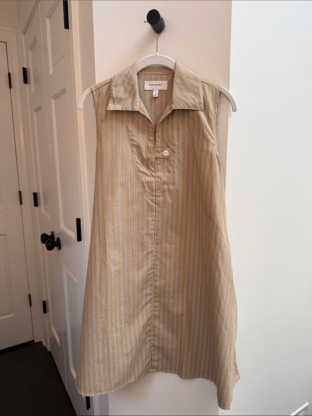 Banana Republic Tan and White Striped Sleeveless Shift Dress